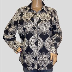 Tommy Hilfiger Black White Paisley Medallions Button Down Shirt Top Size XL VGC
